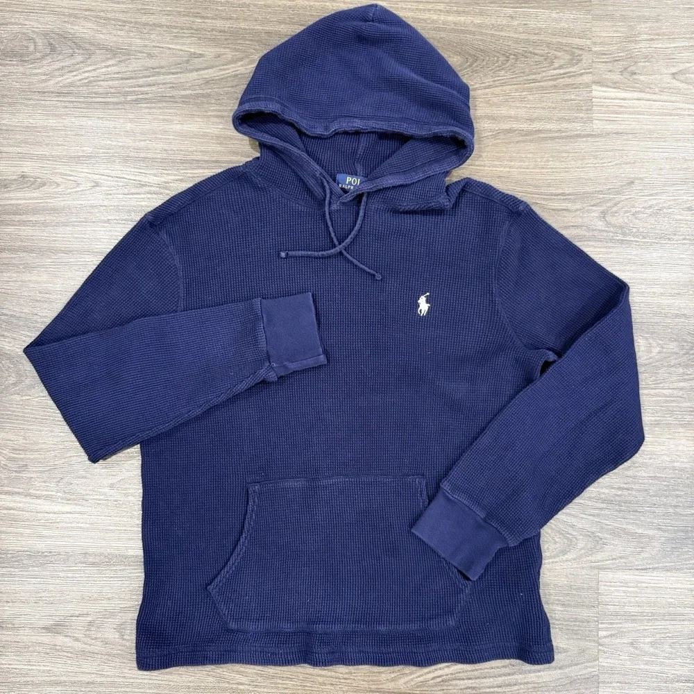 Polo Ralph Lauren Blue Waffle Knit Thermal Pullover Hoodie Size Youth Large